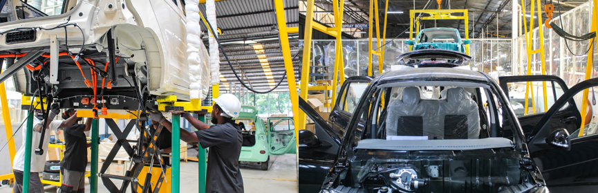 Left: EV battery installation. Right: Vehicles on the assembly line. Photos supplied by AVA.