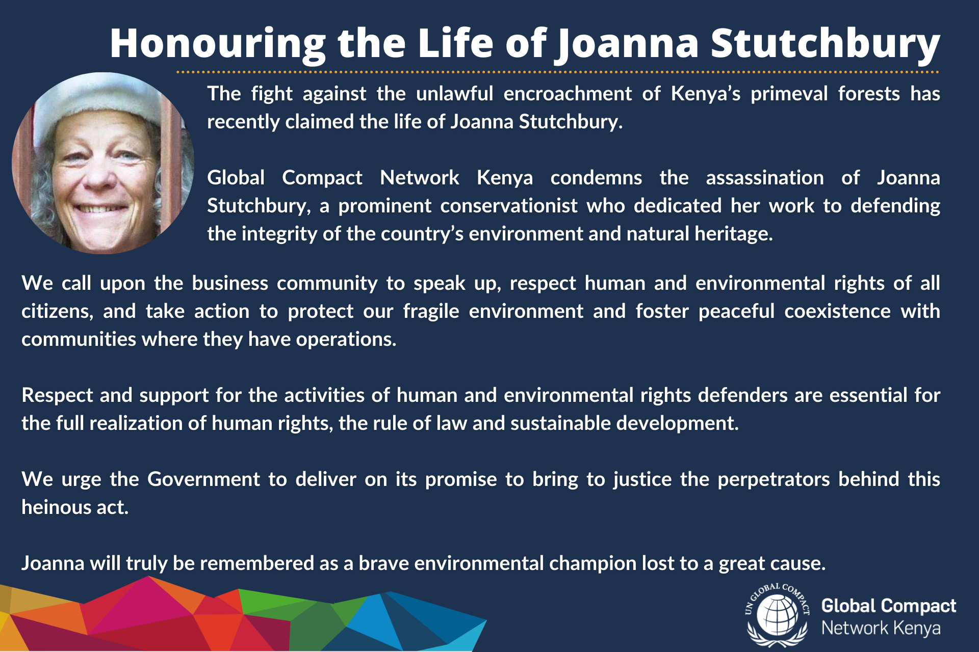 Statement condemning the killing of Joanna Stutchbury